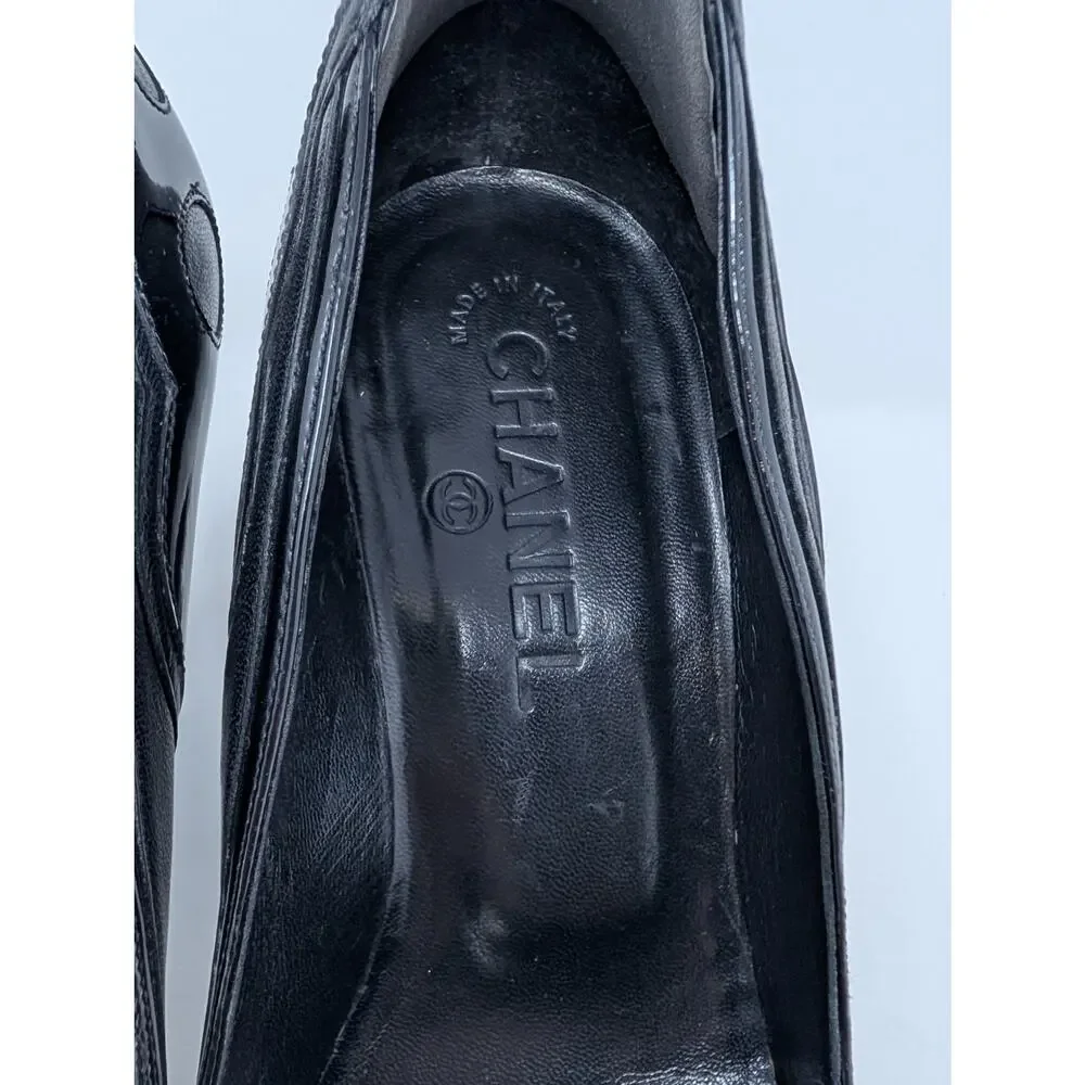Chanel Black Leather Patent CC Logo Peep Toe Pumps Heels 36